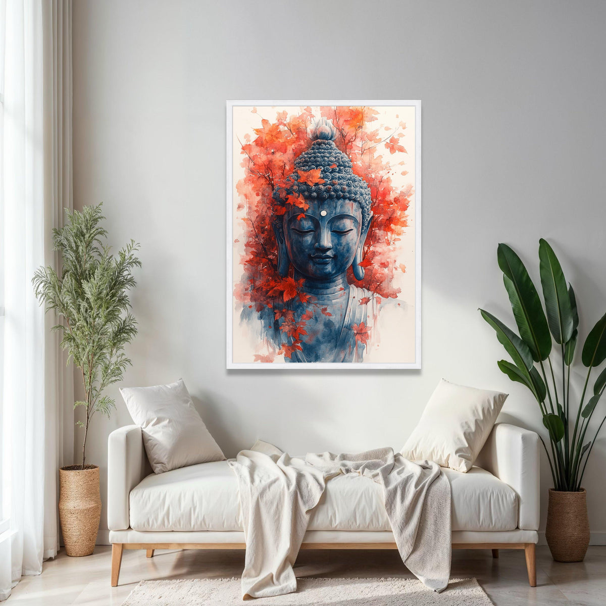 Tranquil Buddha Face Canvas, Autumn Leaves Wall Art, Meditation Spirit Decor, Zen Canvas Painting, Serene Home Gift Art, Home Decor, Print