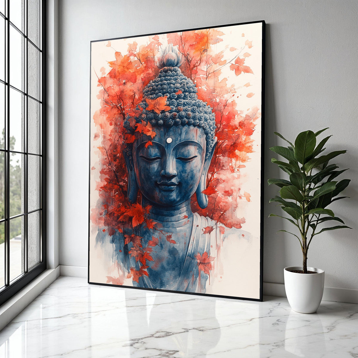 Tranquil Buddha Face Canvas, Autumn Leaves Wall Art, Meditation Spirit Decor, Zen Canvas Painting, Serene Home Gift Art, Home Decor, Print