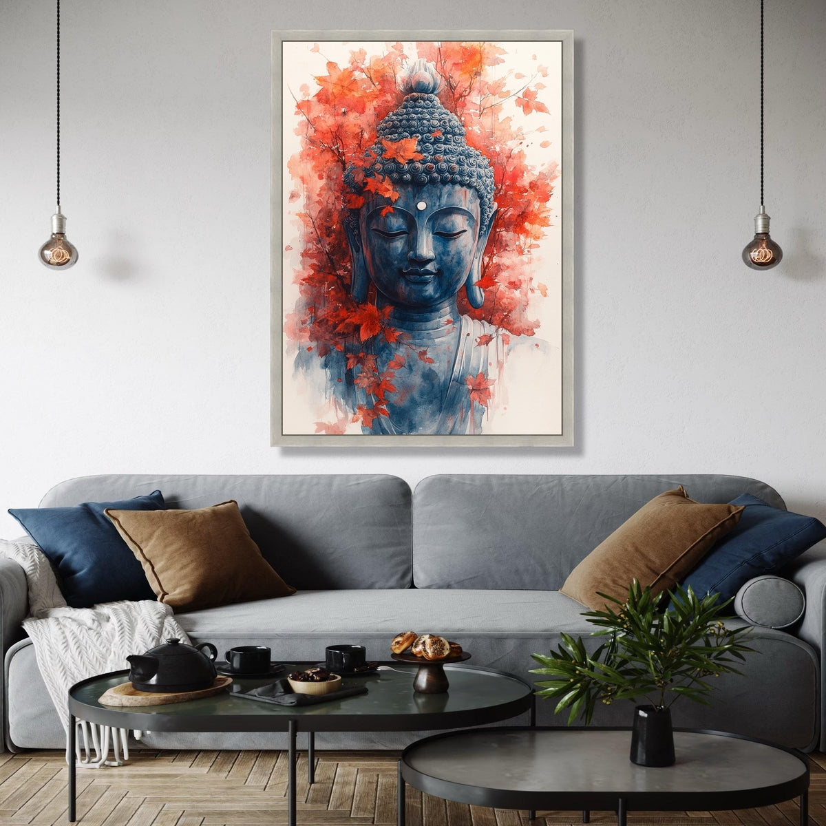 Tranquil Buddha Face Canvas, Autumn Leaves Wall Art, Meditation Spirit Decor, Zen Canvas Painting, Serene Home Gift Art, Home Decor, Print