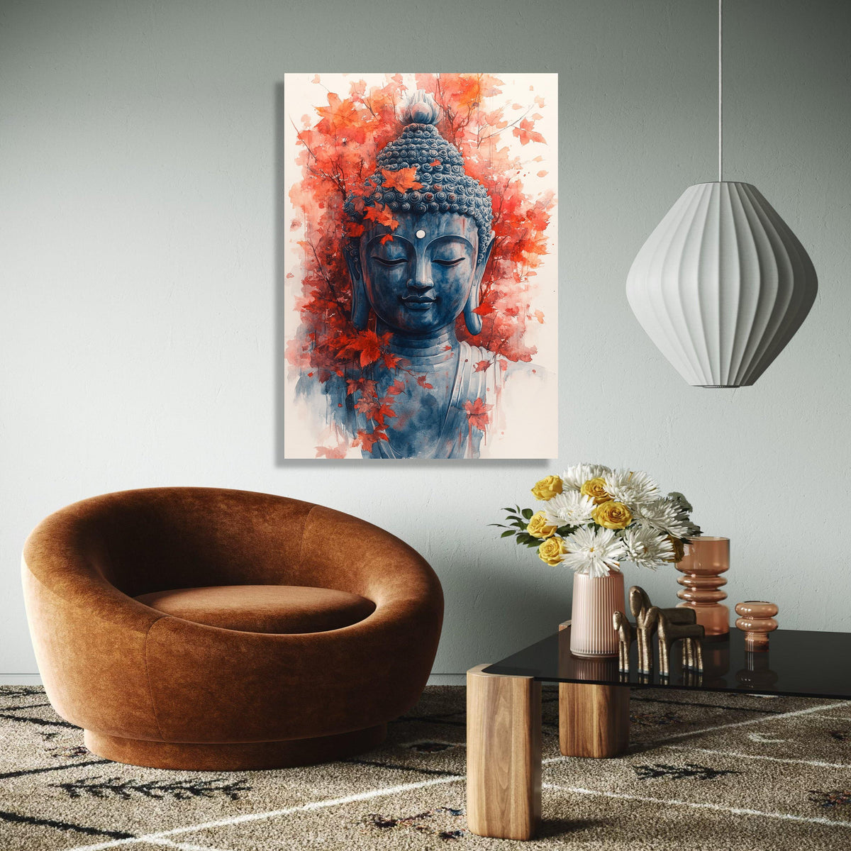 Tranquil Buddha Face Canvas, Autumn Leaves Wall Art, Meditation Spirit Decor, Zen Canvas Painting, Serene Home Gift Art, Home Decor, Print