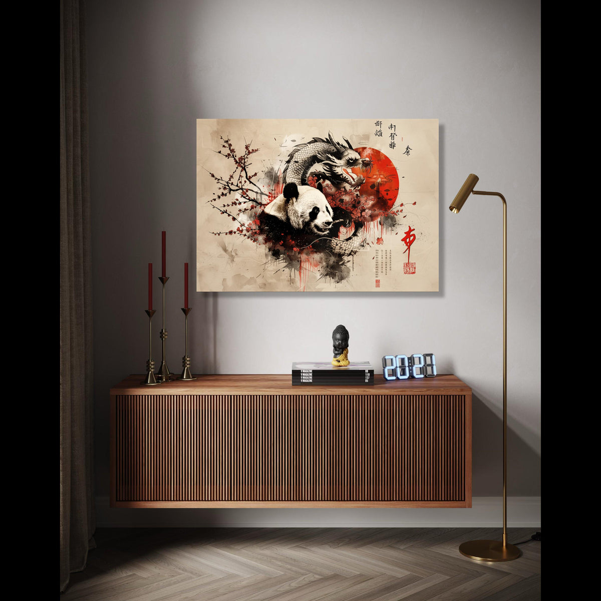 Panda and Dragon Canvas Wall Art, Asian Ink Painting Style, Cherry Blossom Nature Art, Oriental Red Sun Canvas, Gift Art, Home Decor, Print