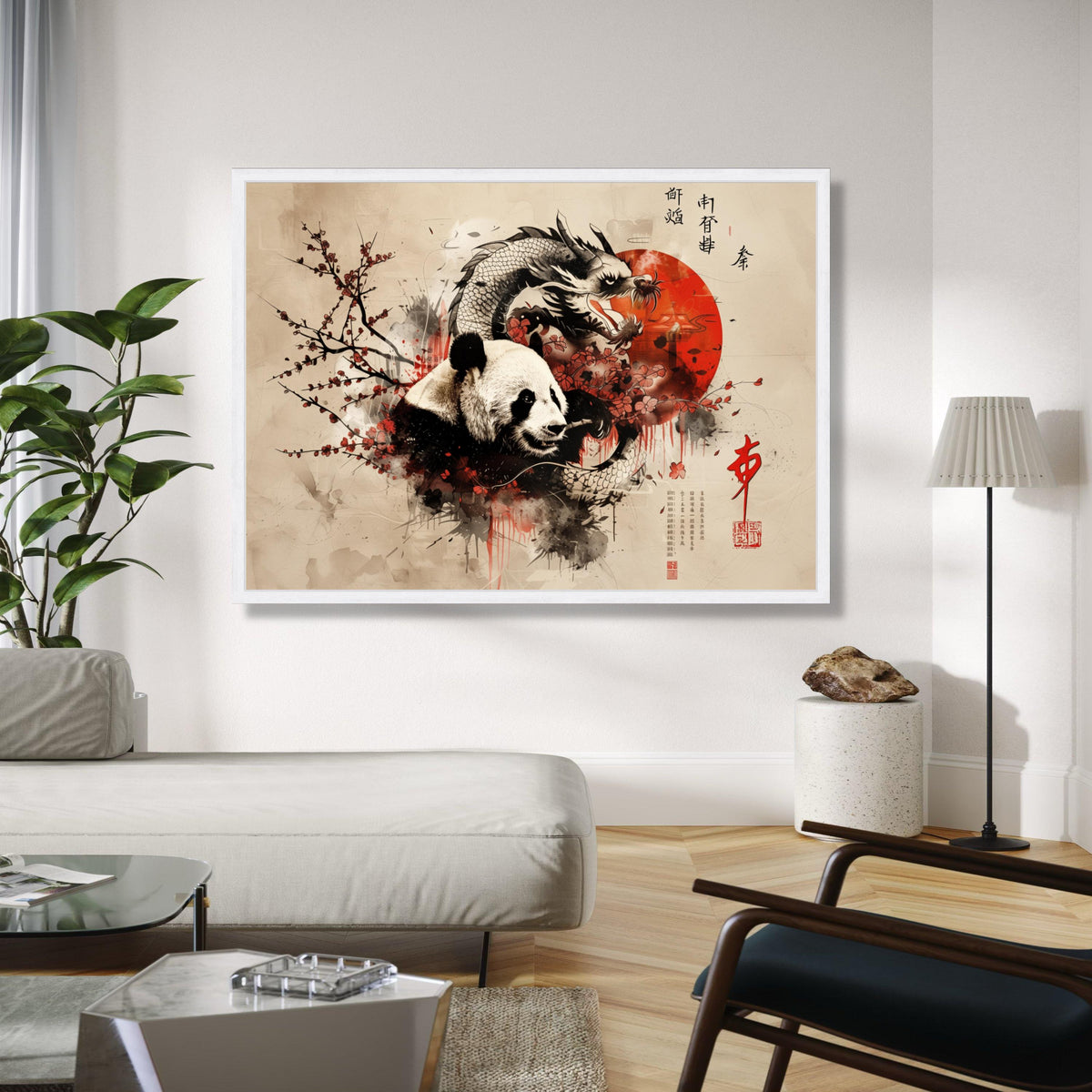 Panda and Dragon Canvas Wall Art, Asian Ink Painting Style, Cherry Blossom Nature Art, Oriental Red Sun Canvas, Gift Art, Home Decor, Print