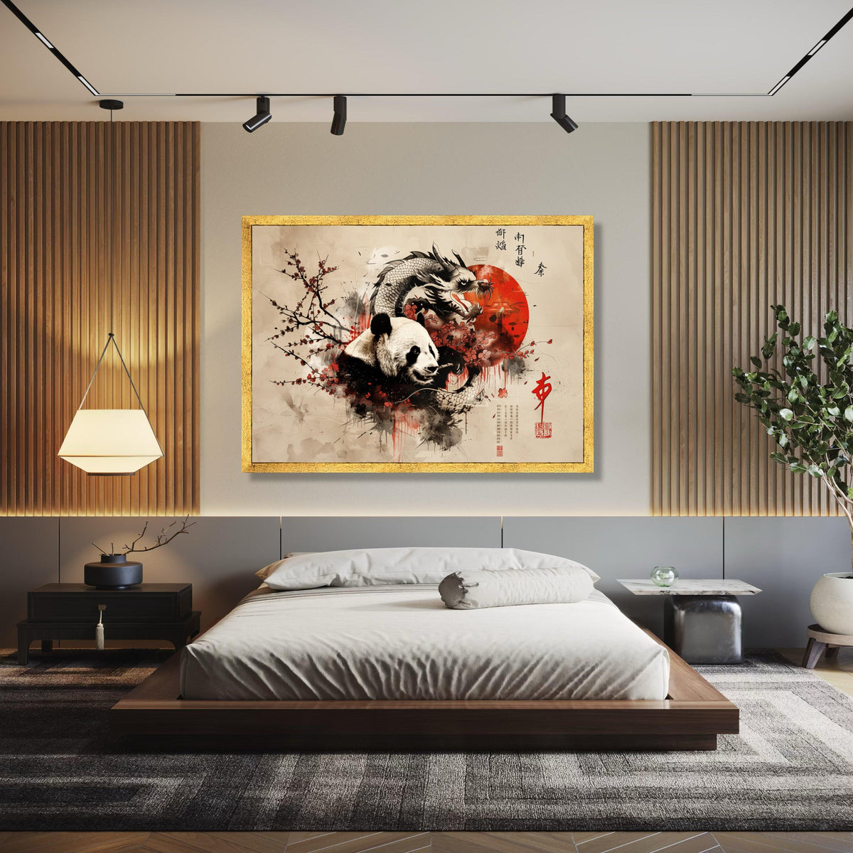Panda and Dragon Canvas Wall Art, Asian Ink Painting Style, Cherry Blossom Nature Art, Oriental Red Sun Canvas, Gift Art, Home Decor, Print