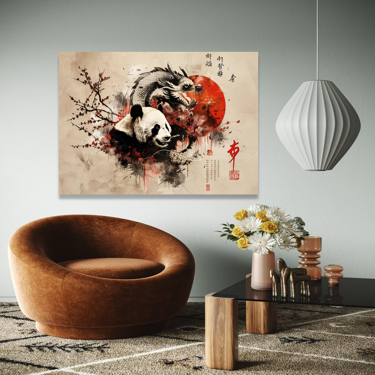 Panda and Dragon Canvas Wall Art, Asian Ink Painting Style, Cherry Blossom Nature Art, Oriental Red Sun Canvas, Gift Art, Home Decor, Print
