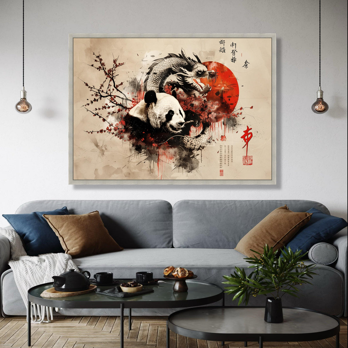 Panda and Dragon Canvas Wall Art, Asian Ink Painting Style, Cherry Blossom Nature Art, Oriental Red Sun Canvas, Gift Art, Home Decor, Print