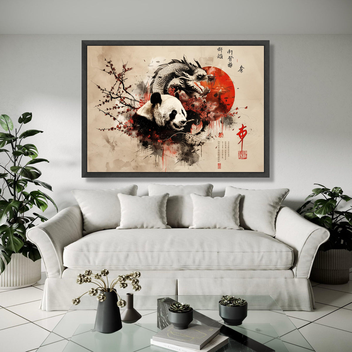 Panda and Dragon Canvas Wall Art, Asian Ink Painting Style, Cherry Blossom Nature Art, Oriental Red Sun Canvas, Gift Art, Home Decor, Print