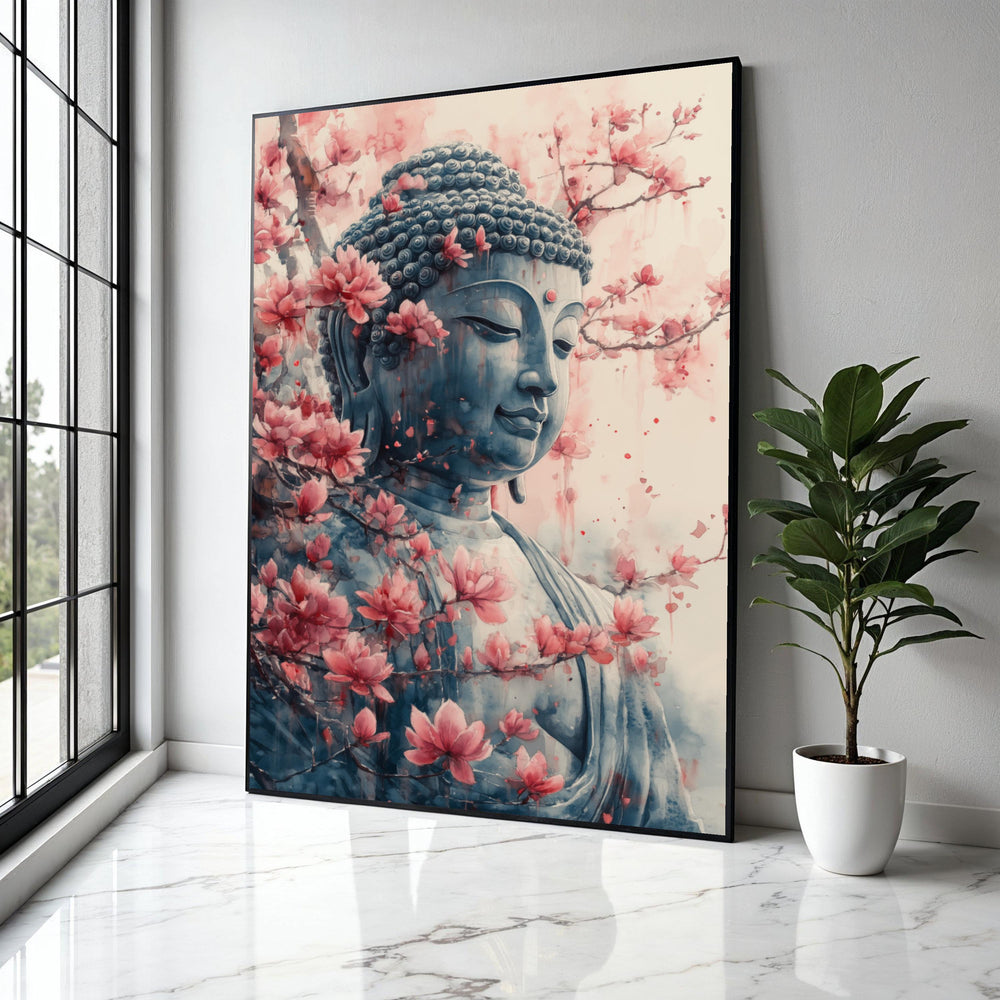 Serene Buddha Statue Canvas Wall Art with Cherry Blossoms, Zen Meditation Decor, Spiritual Asian Art, Tranquil Gift Art, Home Decor, Print