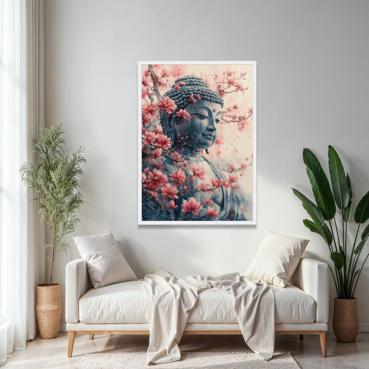 Serene Buddha Statue Canvas Wall Art with Cherry Blossoms, Zen Meditation Decor, Spiritual Asian Art, Tranquil Gift Art, Home Decor, Print