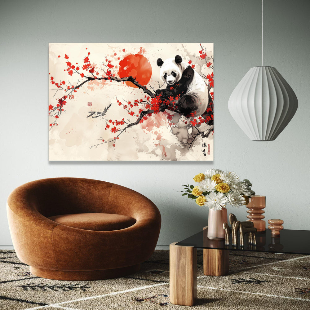 Majestic Panda on Cherry Blossom Canvas, Red Sun Asian Wall Art, Oriental Floral Branch Painting, Animal Nature Gift Art, Home Decor, Print