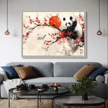 Majestic Panda on Cherry Blossom Canvas, Red Sun Asian Wall Art, Oriental Floral Branch Painting, Animal Nature Gift Art, Home Decor, Print