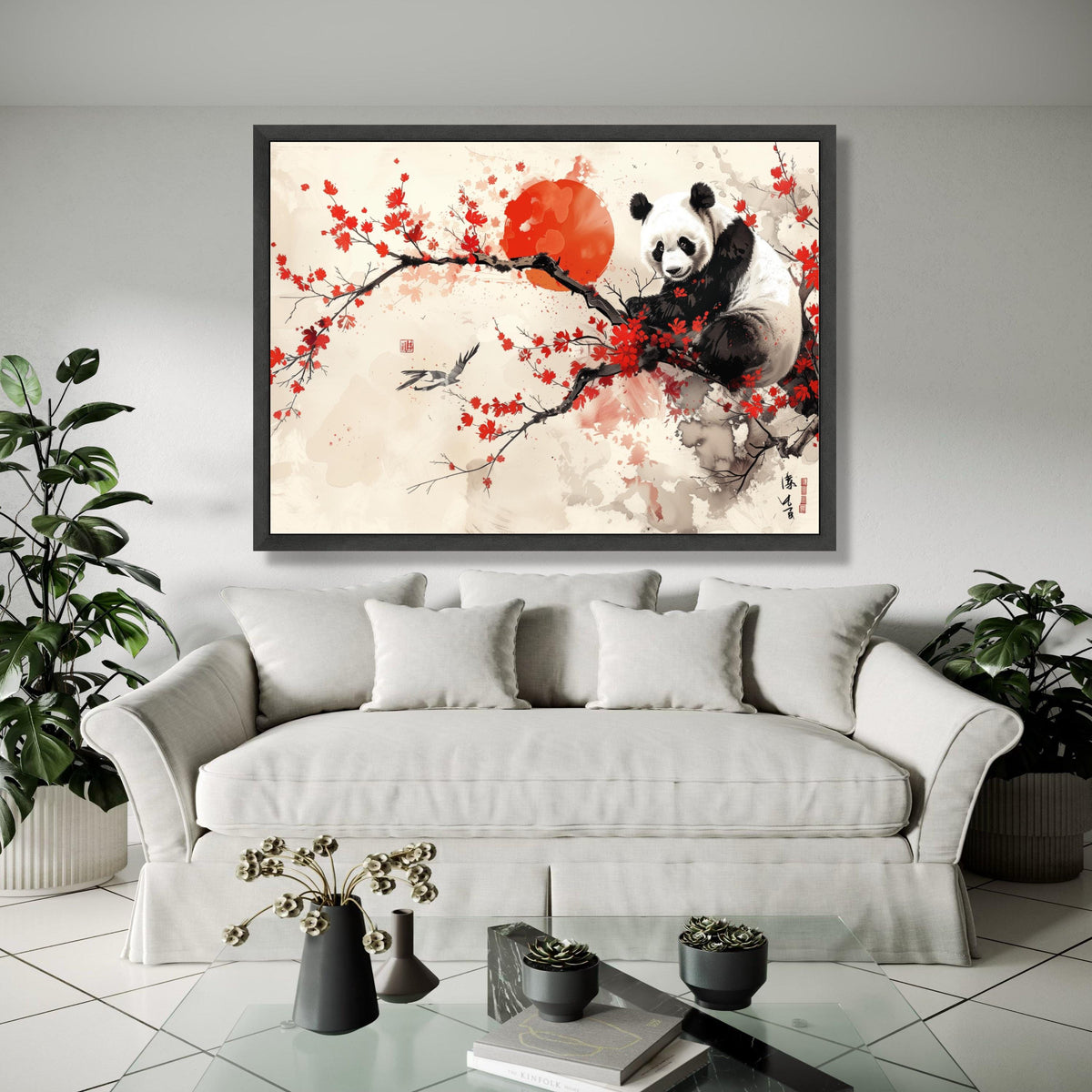 Majestic Panda on Cherry Blossom Canvas, Red Sun Asian Wall Art, Oriental Floral Branch Painting, Animal Nature Gift Art, Home Decor, Print