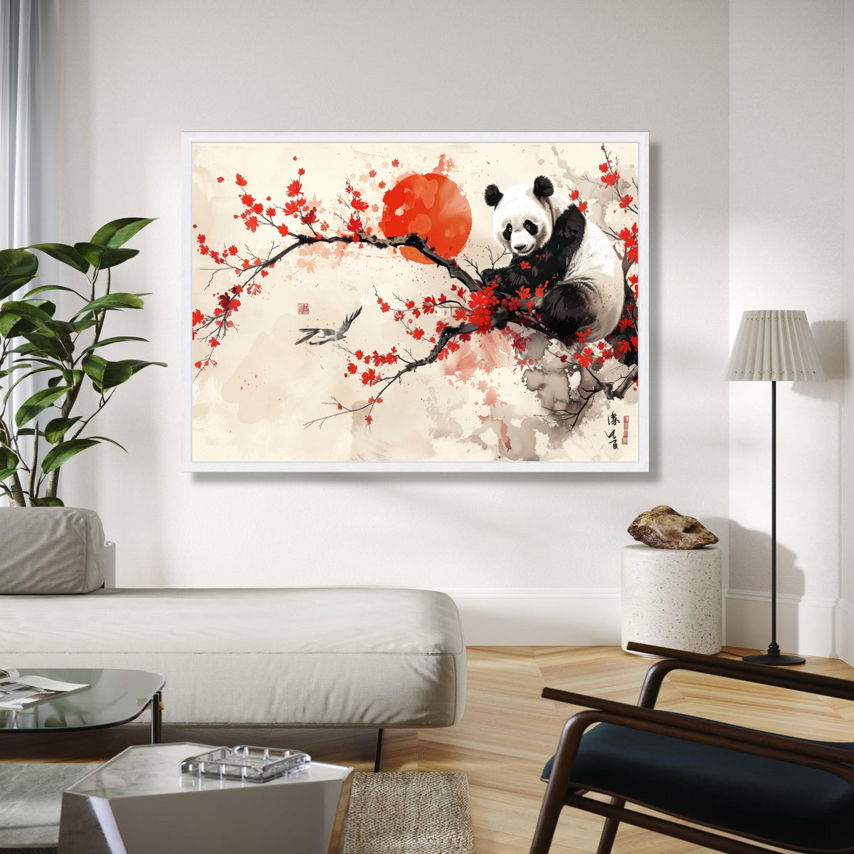 Majestic Panda on Cherry Blossom Canvas, Red Sun Asian Wall Art, Oriental Floral Branch Painting, Animal Nature Gift Art, Home Decor, Print