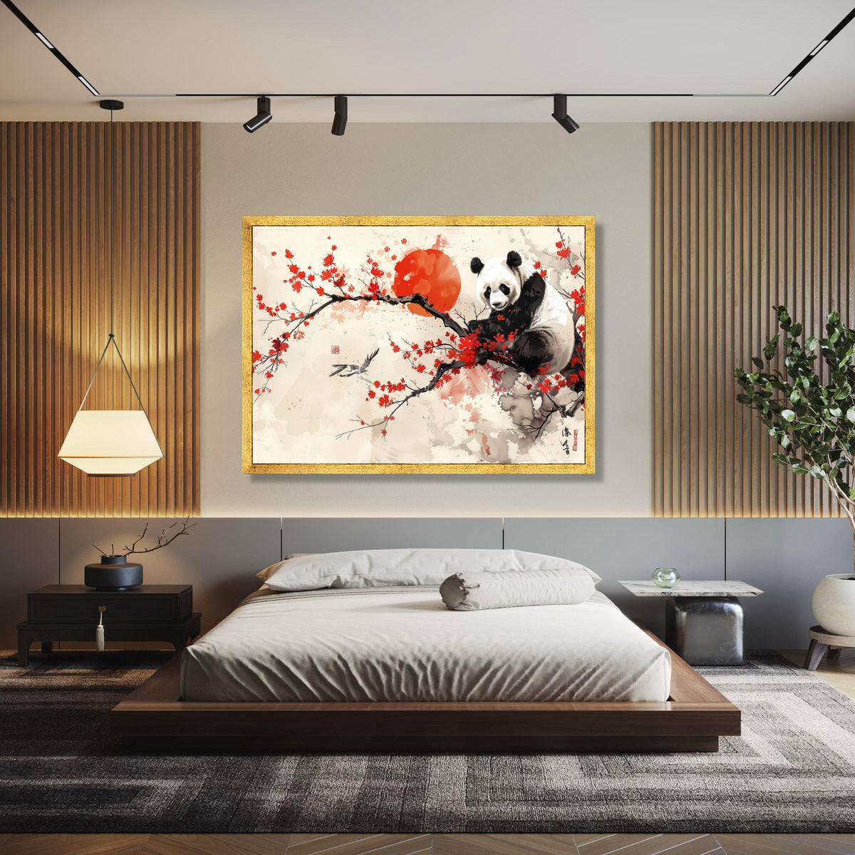 Majestic Panda on Cherry Blossom Canvas, Red Sun Asian Wall Art, Oriental Floral Branch Painting, Animal Nature Gift Art, Home Decor, Print