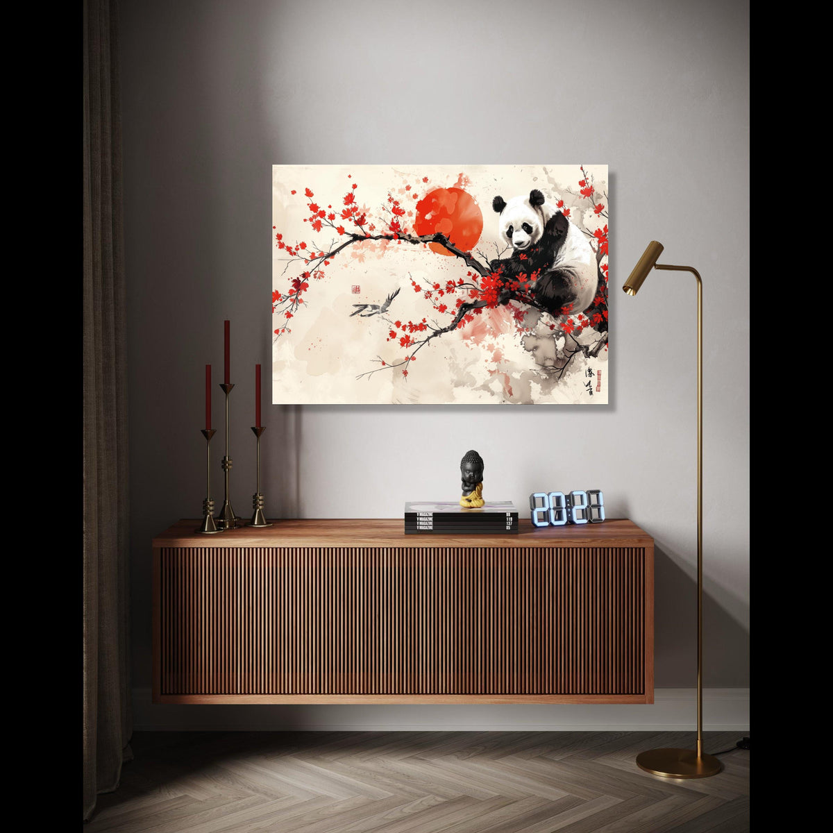Majestic Panda on Cherry Blossom Canvas, Red Sun Asian Wall Art, Oriental Floral Branch Painting, Animal Nature Gift Art, Home Decor, Print