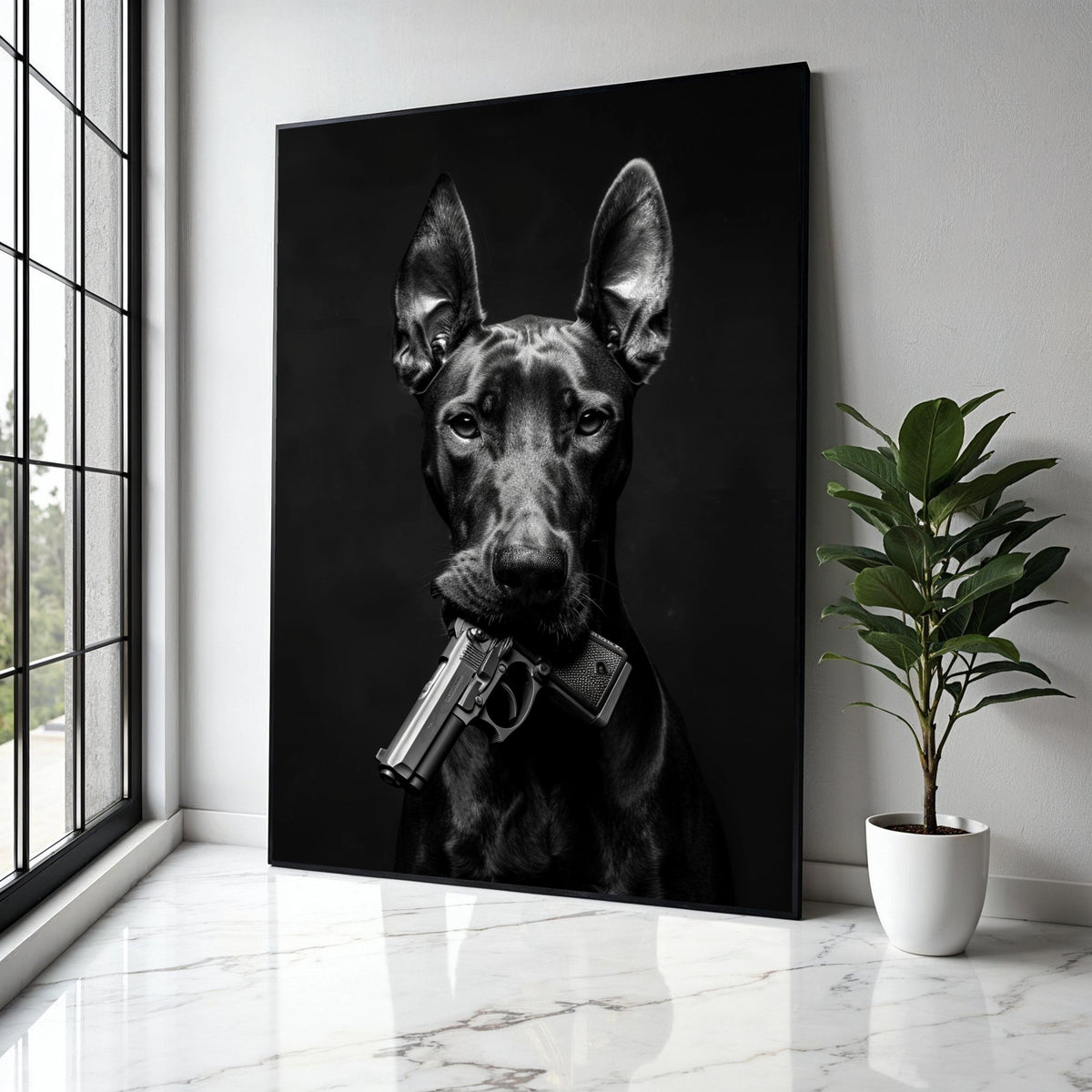 Bold Doberman Portrait with Gun, Black and White Canvas Wall Art, Edgy Animal Decoration, Modern Pet Artwork, Gift Art, Home Decor, Print