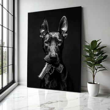 Bold Doberman Portrait with Gun, Black and White Canvas Wall Art, Edgy Animal Decoration, Modern Pet Artwork, Gift Art, Home Decor, Print