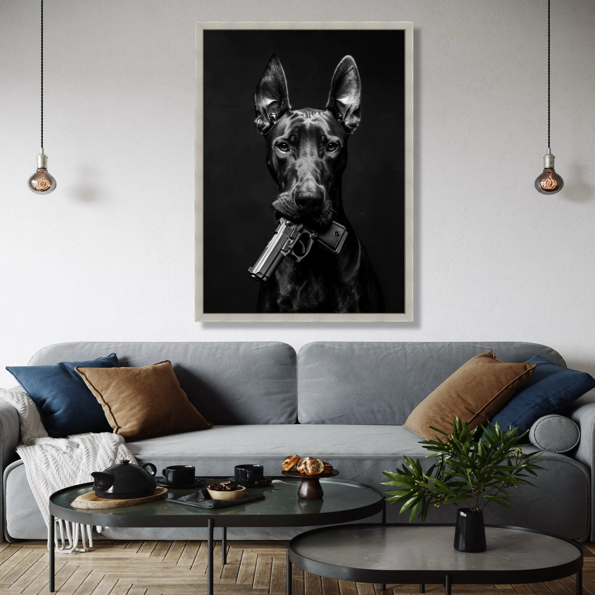 Bold Doberman Portrait with Gun, Black and White Canvas Wall Art, Edgy Animal Decoration, Modern Pet Artwork, Gift Art, Home Decor, Print