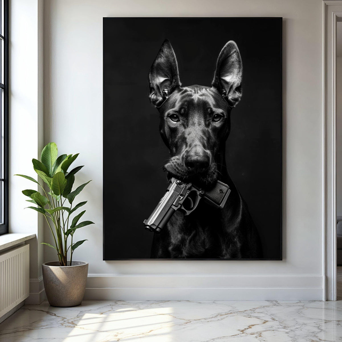 Bold Doberman Portrait with Gun, Black and White Canvas Wall Art, Edgy Animal Decoration, Modern Pet Artwork, Gift Art, Home Decor, Print