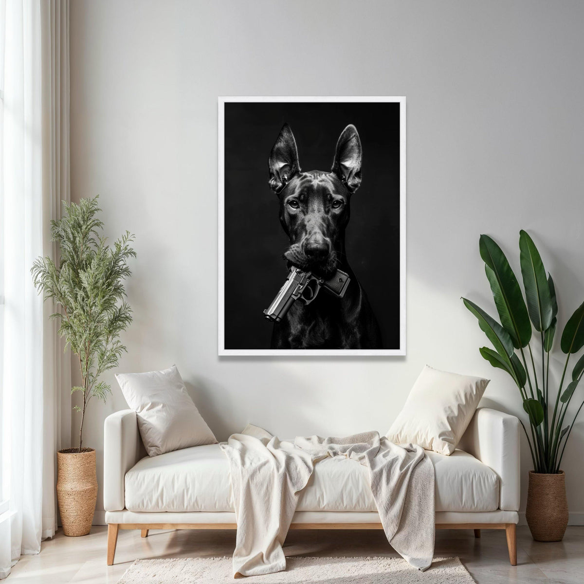 Bold Doberman Portrait with Gun, Black and White Canvas Wall Art, Edgy Animal Decoration, Modern Pet Artwork, Gift Art, Home Decor, Print