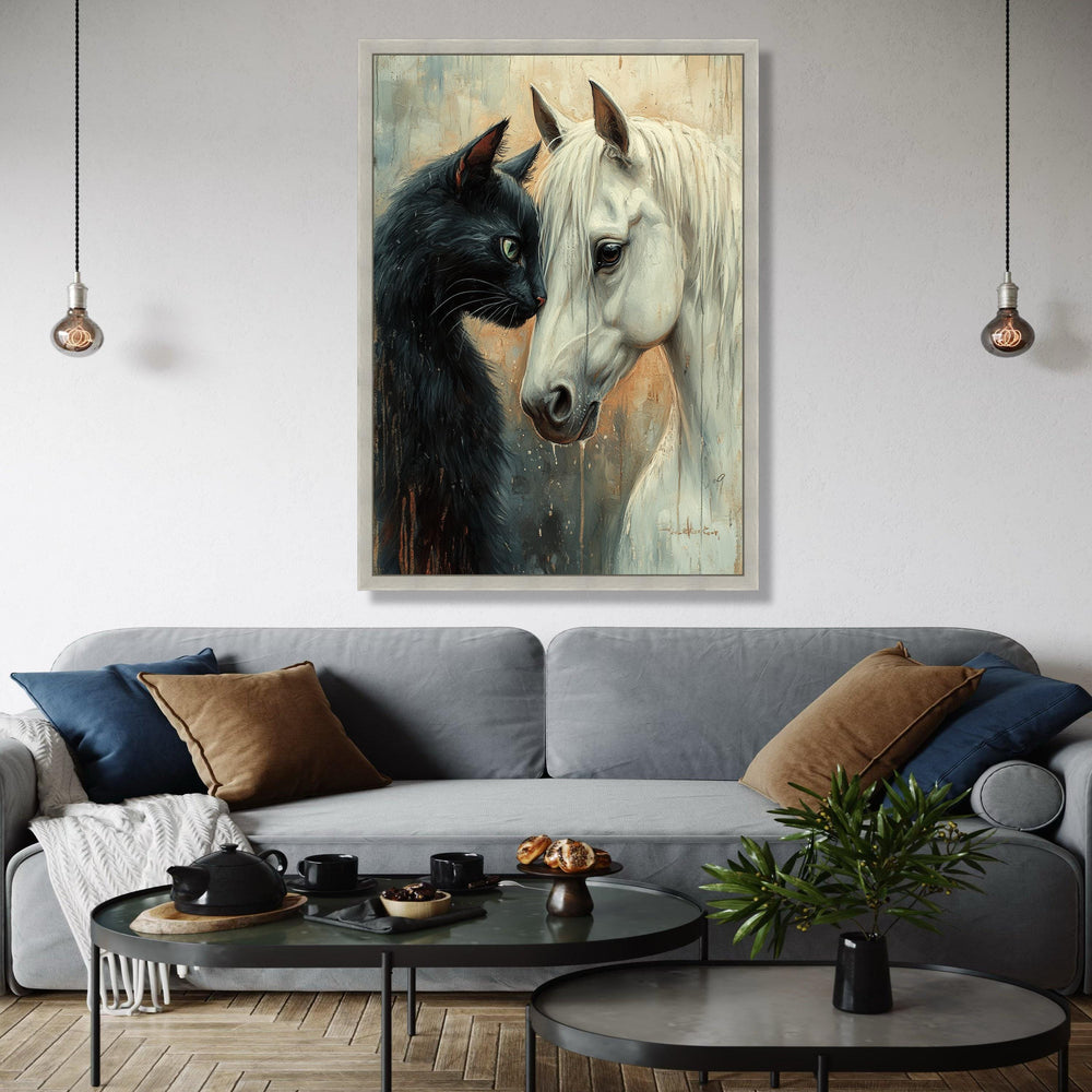 Black Cat and White Horse Portrait Canvas, Animal Friendship Wall Art, Unique Home Decor, Detailed Pet Canvas Gift Art, Home Decor, Print