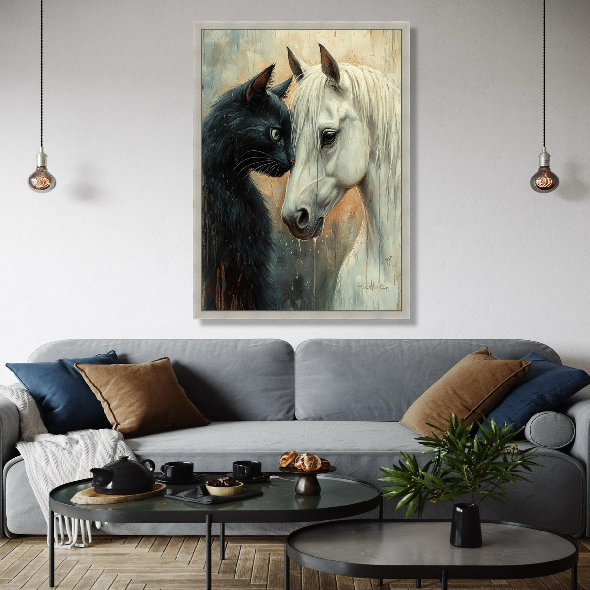 Black Cat and White Horse Portrait Canvas, Animal Friendship Wall Art, Unique Home Decor, Detailed Pet Canvas Gift Art, Home Decor, Print