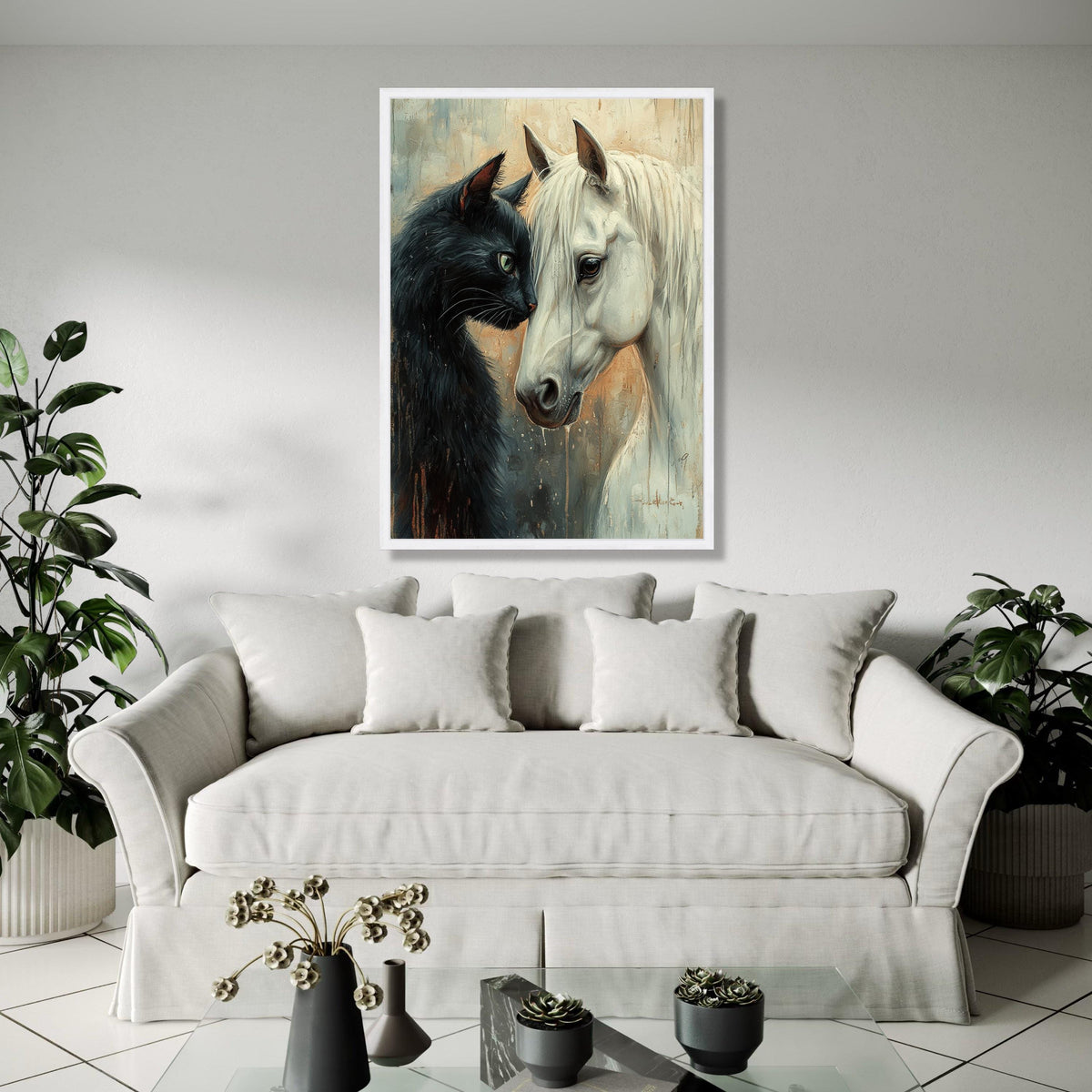 Black Cat and White Horse Portrait Canvas, Animal Friendship Wall Art, Unique Home Decor, Detailed Pet Canvas Gift Art, Home Decor, Print