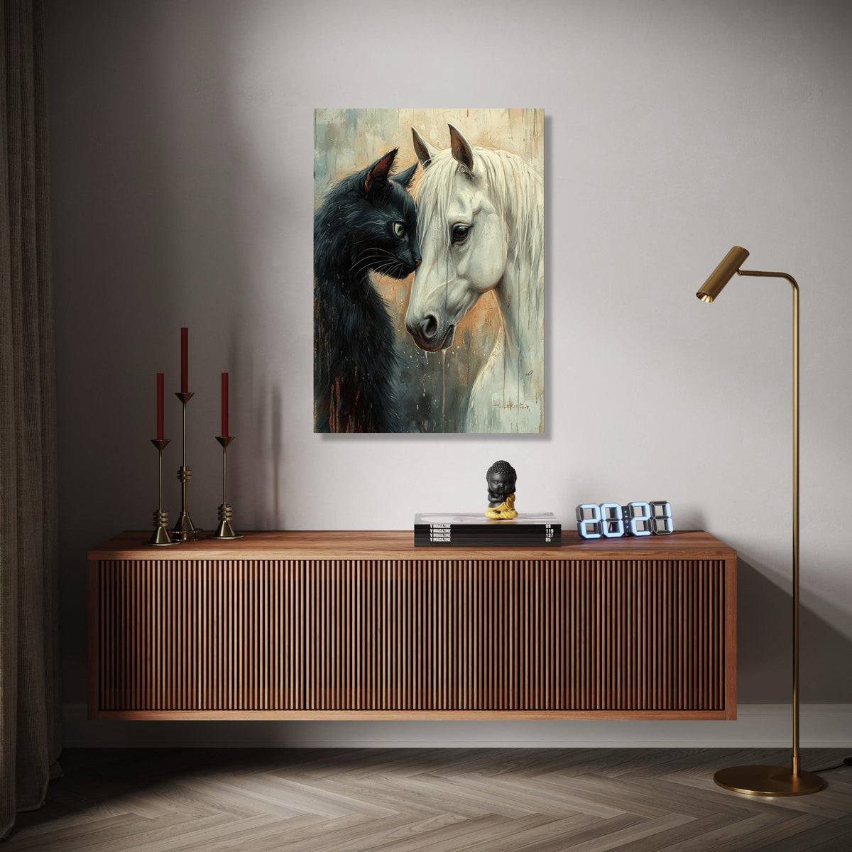 Black Cat and White Horse Portrait Canvas, Animal Friendship Wall Art, Unique Home Decor, Detailed Pet Canvas Gift Art, Home Decor, Print