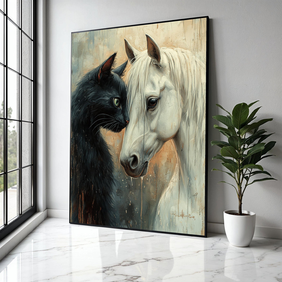 Black Cat and White Horse Portrait Canvas, Animal Friendship Wall Art, Unique Home Decor, Detailed Pet Canvas Gift Art, Home Decor, Print