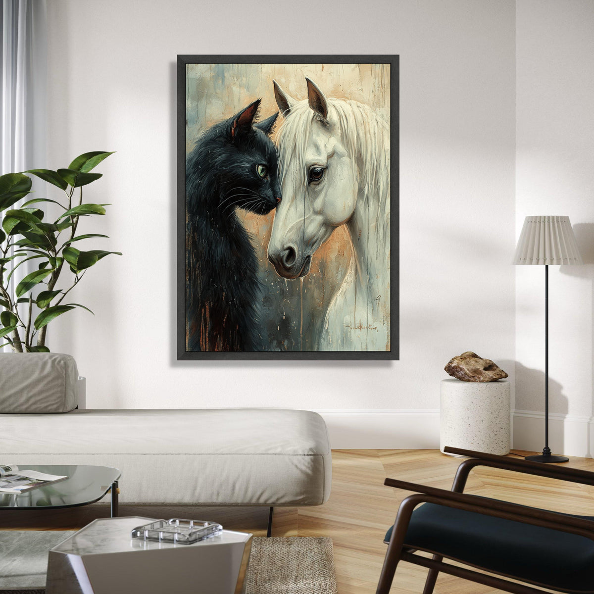 Black Cat and White Horse Portrait Canvas, Animal Friendship Wall Art, Unique Home Decor, Detailed Pet Canvas Gift Art, Home Decor, Print