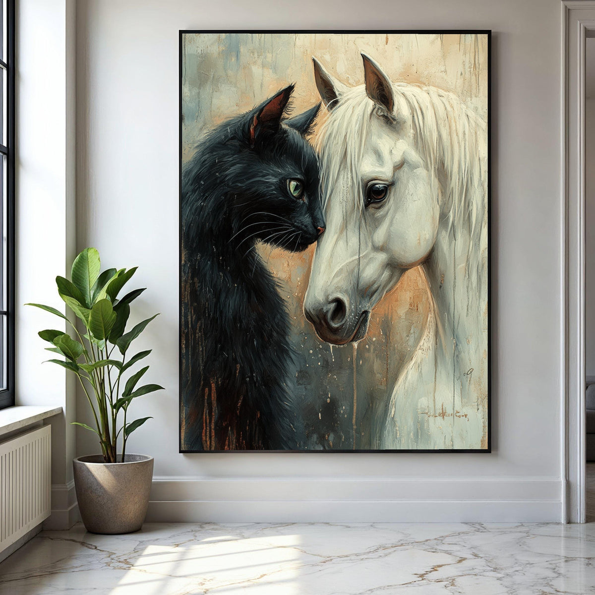 Black Cat and White Horse Portrait Canvas, Animal Friendship Wall Art, Unique Home Decor, Detailed Pet Canvas Gift Art, Home Decor, Print