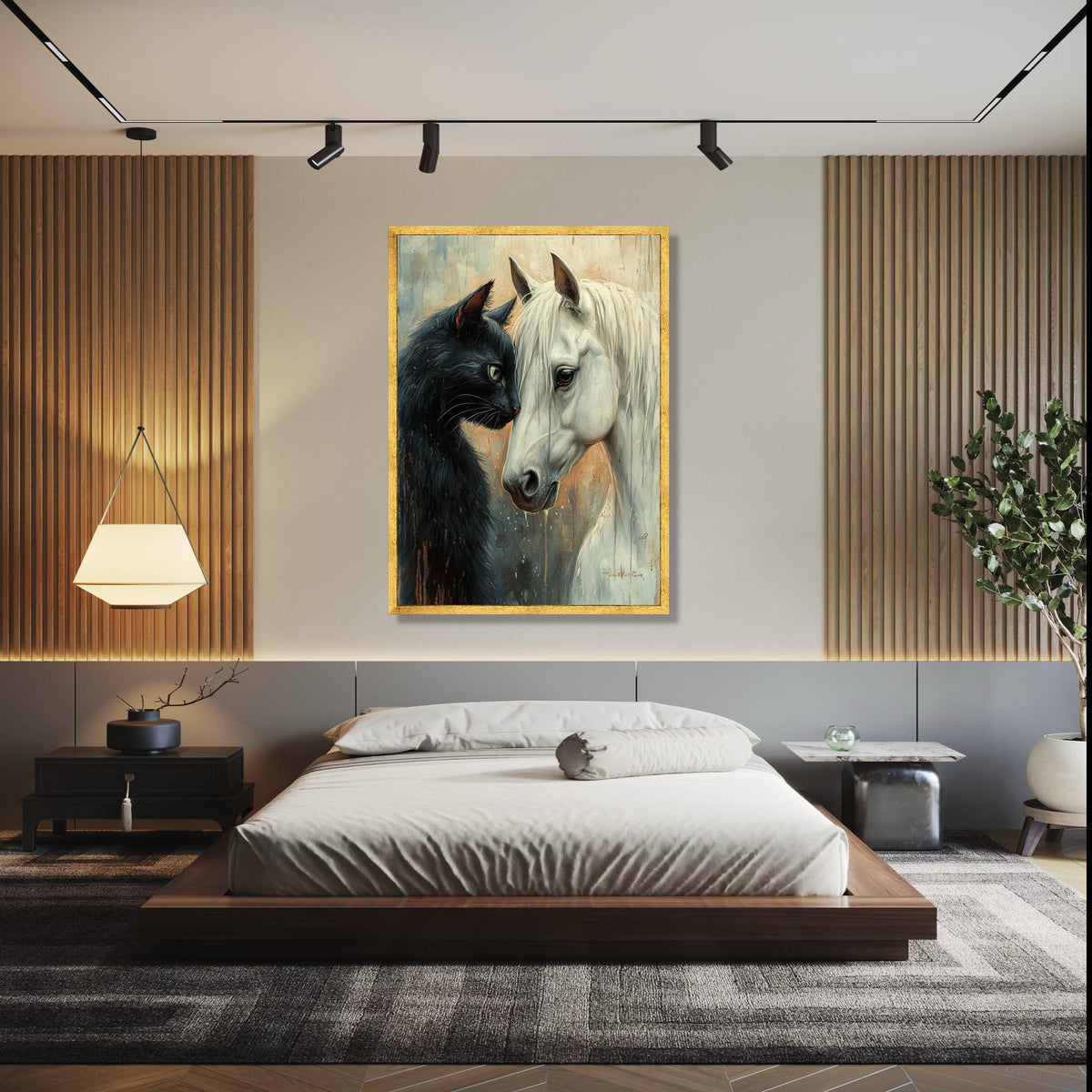 Black Cat and White Horse Portrait Canvas, Animal Friendship Wall Art, Unique Home Decor, Detailed Pet Canvas Gift Art, Home Decor, Print