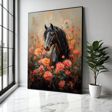 Majestic Black Horse Canvas, Floral Garden Wall Art, Elegant Animal Portrait, Romantic Nature Painting, Home Gift Art, Home Decor, Print