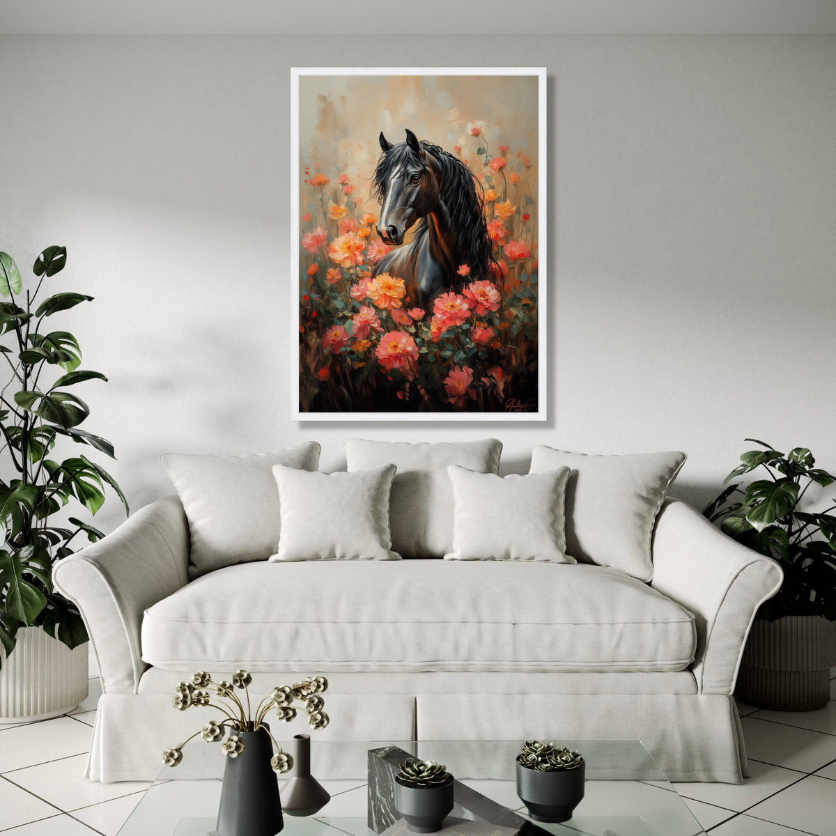 Majestic Black Horse Canvas, Floral Garden Wall Art, Elegant Animal Portrait, Romantic Nature Painting, Home Gift Art, Home Decor, Print