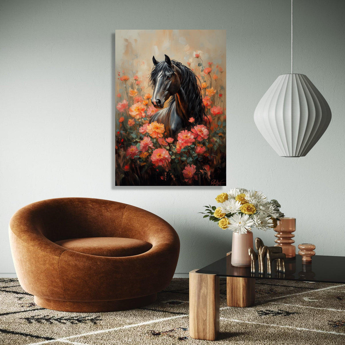 Majestic Black Horse Canvas, Floral Garden Wall Art, Elegant Animal Portrait, Romantic Nature Painting, Home Gift Art, Home Decor, Print