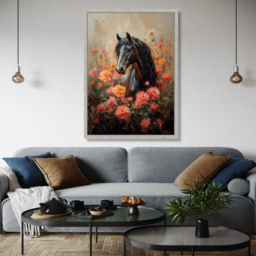 Majestic Black Horse Canvas, Floral Garden Wall Art, Elegant Animal Portrait, Romantic Nature Painting, Home Gift Art, Home Decor, Print