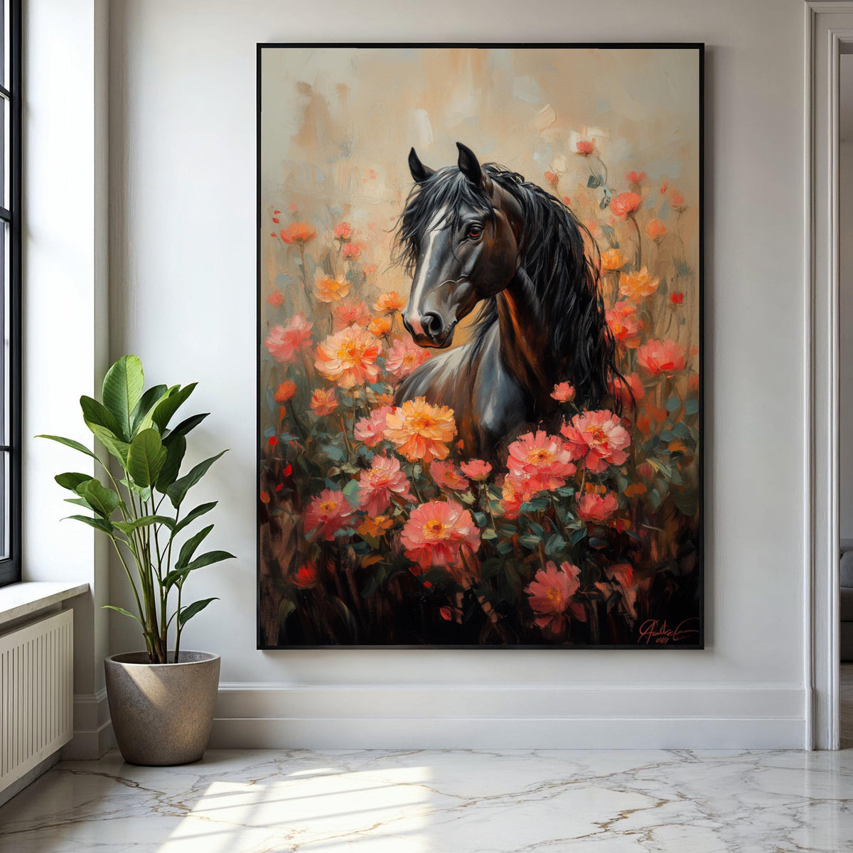 Majestic Black Horse Canvas, Floral Garden Wall Art, Elegant Animal Portrait, Romantic Nature Painting, Home Gift Art, Home Decor, Print