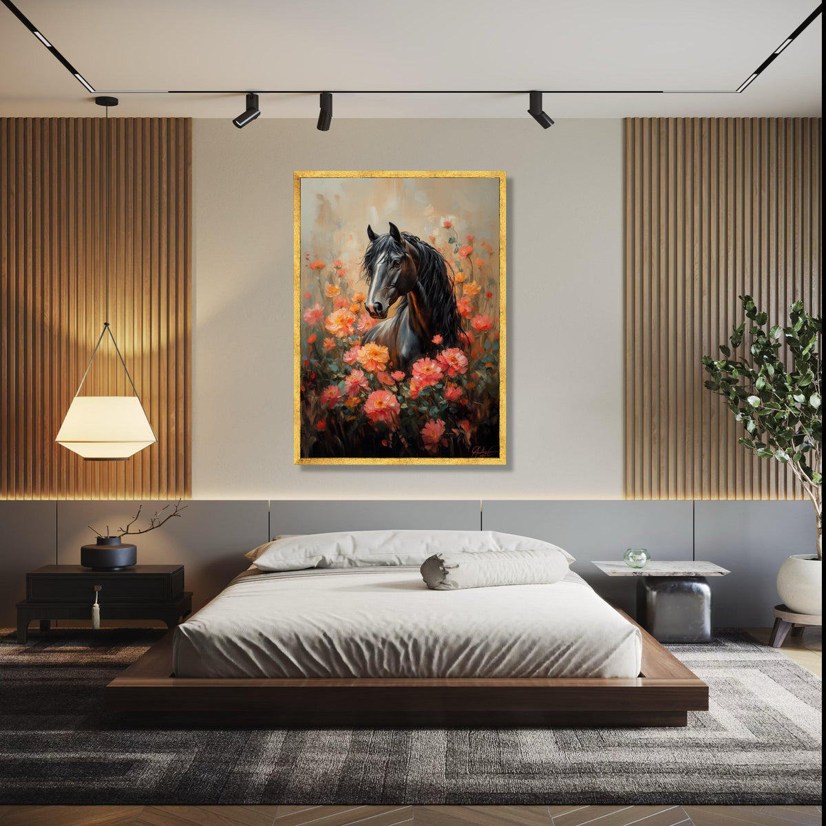 Majestic Black Horse Canvas, Floral Garden Wall Art, Elegant Animal Portrait, Romantic Nature Painting, Home Gift Art, Home Decor, Print