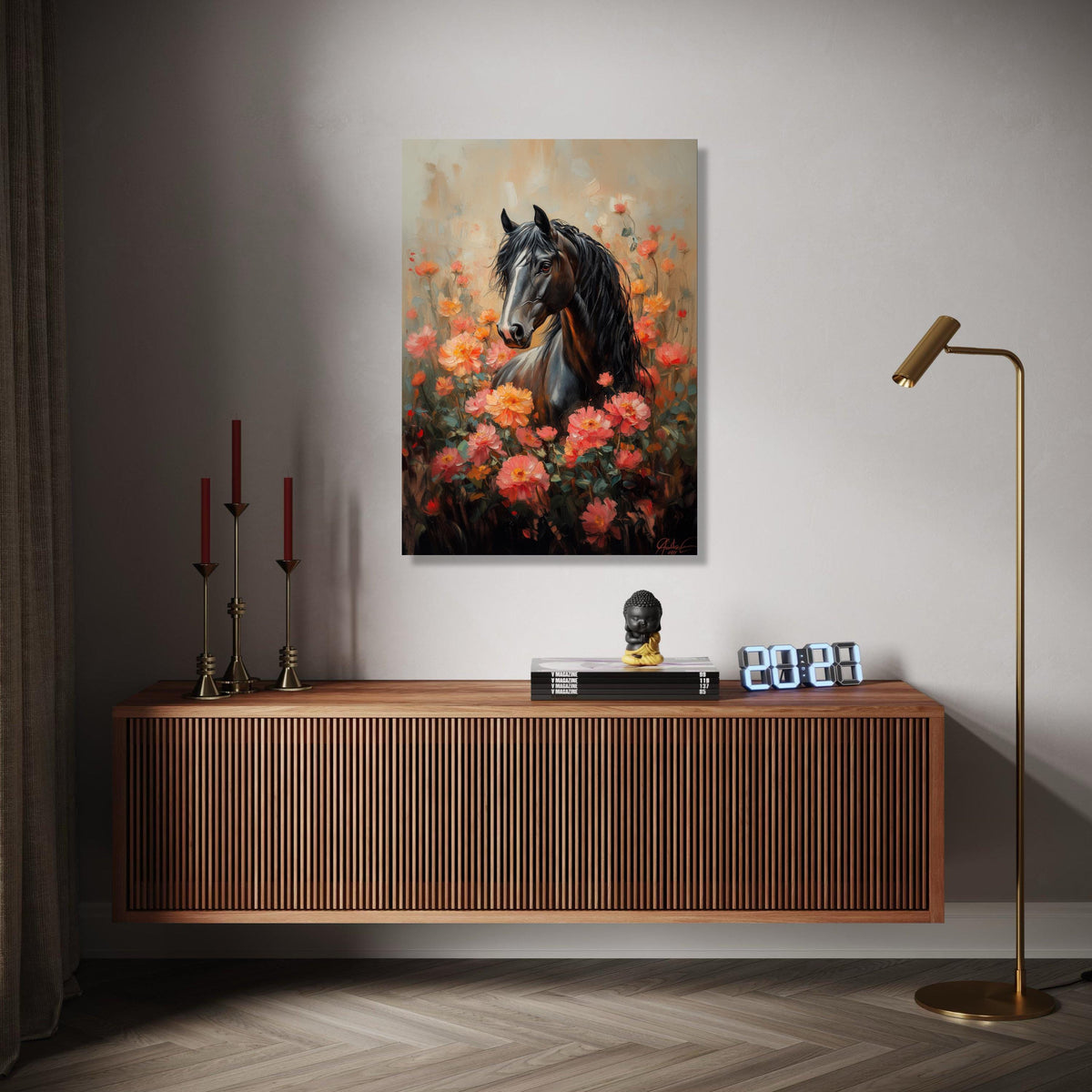 Majestic Black Horse Canvas, Floral Garden Wall Art, Elegant Animal Portrait, Romantic Nature Painting, Home Gift Art, Home Decor, Print