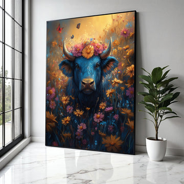 Blue Buffalo with Floral Crown Canvas, Vibrant Wildflower Meadow Wall Art, Butterflies and Nature Canvas, Gift Art, Home Decor, Print