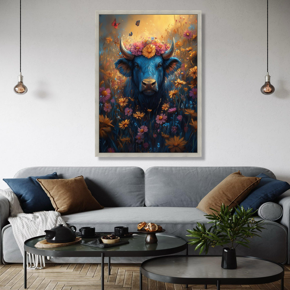 Blue Buffalo with Floral Crown Canvas, Vibrant Wildflower Meadow Wall Art, Butterflies and Nature Canvas, Gift Art, Home Decor, Print