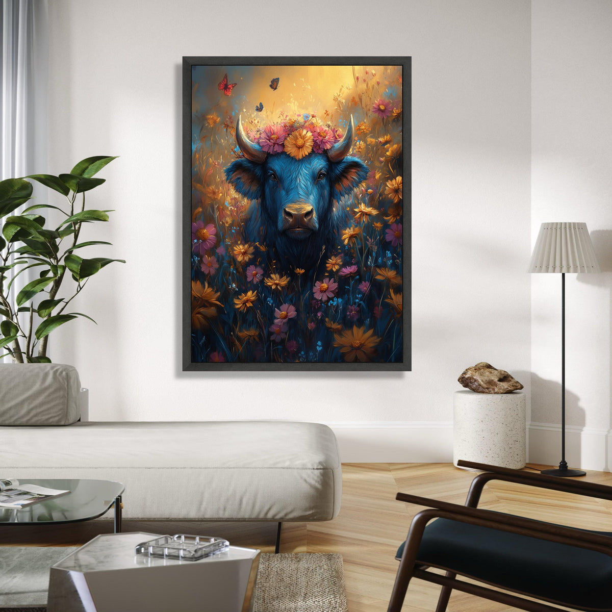Blue Buffalo with Floral Crown Canvas, Vibrant Wildflower Meadow Wall Art, Butterflies and Nature Canvas, Gift Art, Home Decor, Print