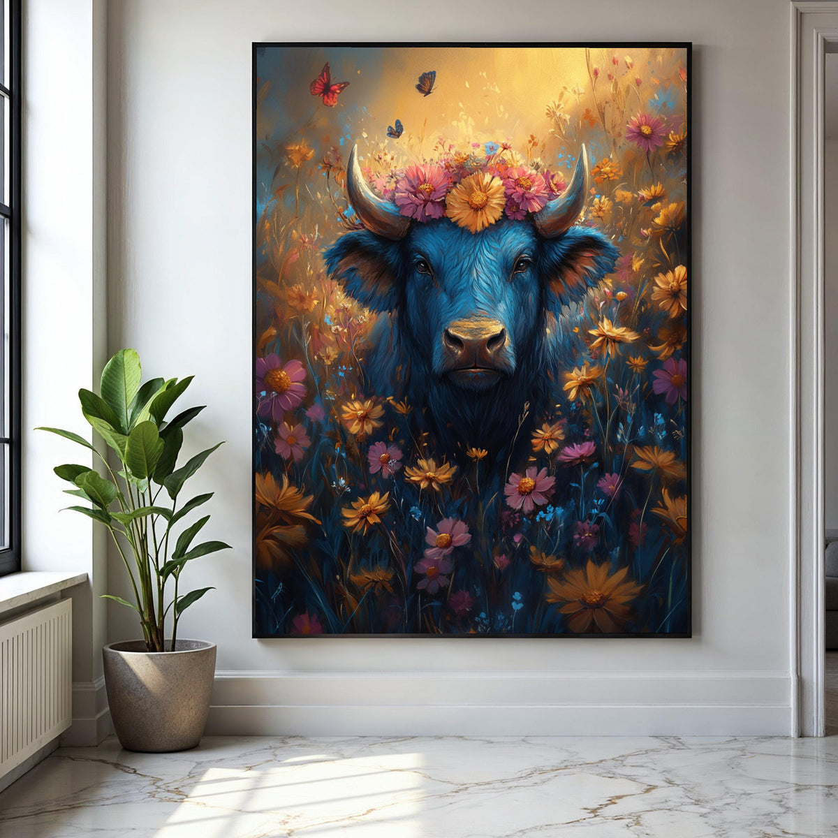 Blue Buffalo with Floral Crown Canvas, Vibrant Wildflower Meadow Wall Art, Butterflies and Nature Canvas, Gift Art, Home Decor, Print