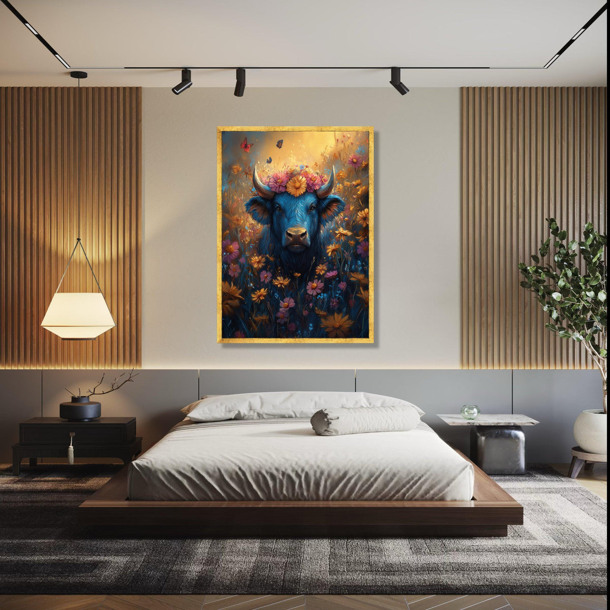 Blue Buffalo with Floral Crown Canvas, Vibrant Wildflower Meadow Wall Art, Butterflies and Nature Canvas, Gift Art, Home Decor, Print