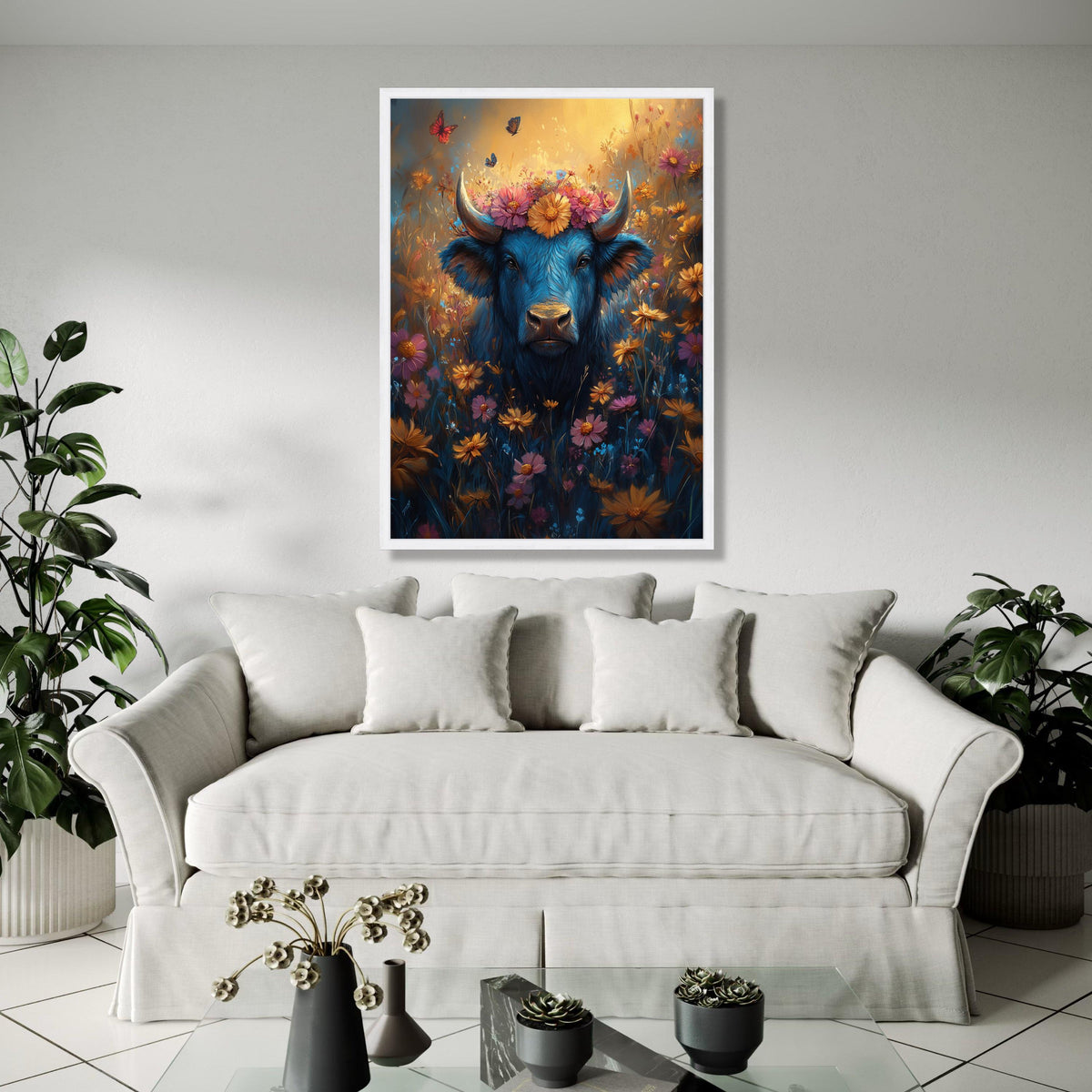 Blue Buffalo with Floral Crown Canvas, Vibrant Wildflower Meadow Wall Art, Butterflies and Nature Canvas, Gift Art, Home Decor, Print