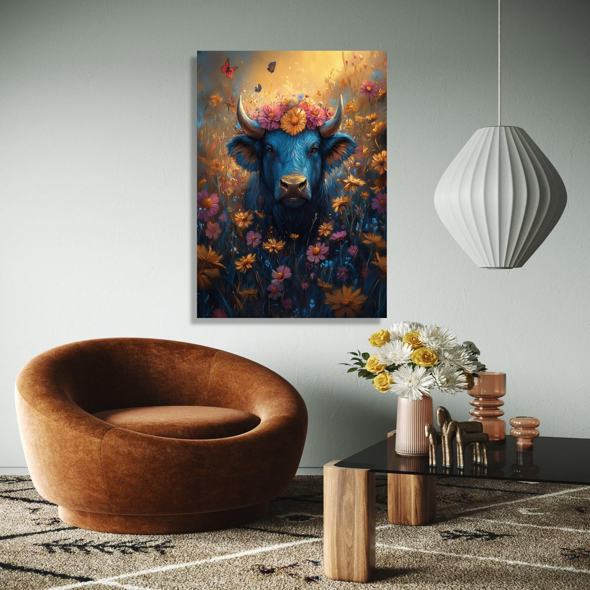 Blue Buffalo with Floral Crown Canvas, Vibrant Wildflower Meadow Wall Art, Butterflies and Nature Canvas, Gift Art, Home Decor, Print