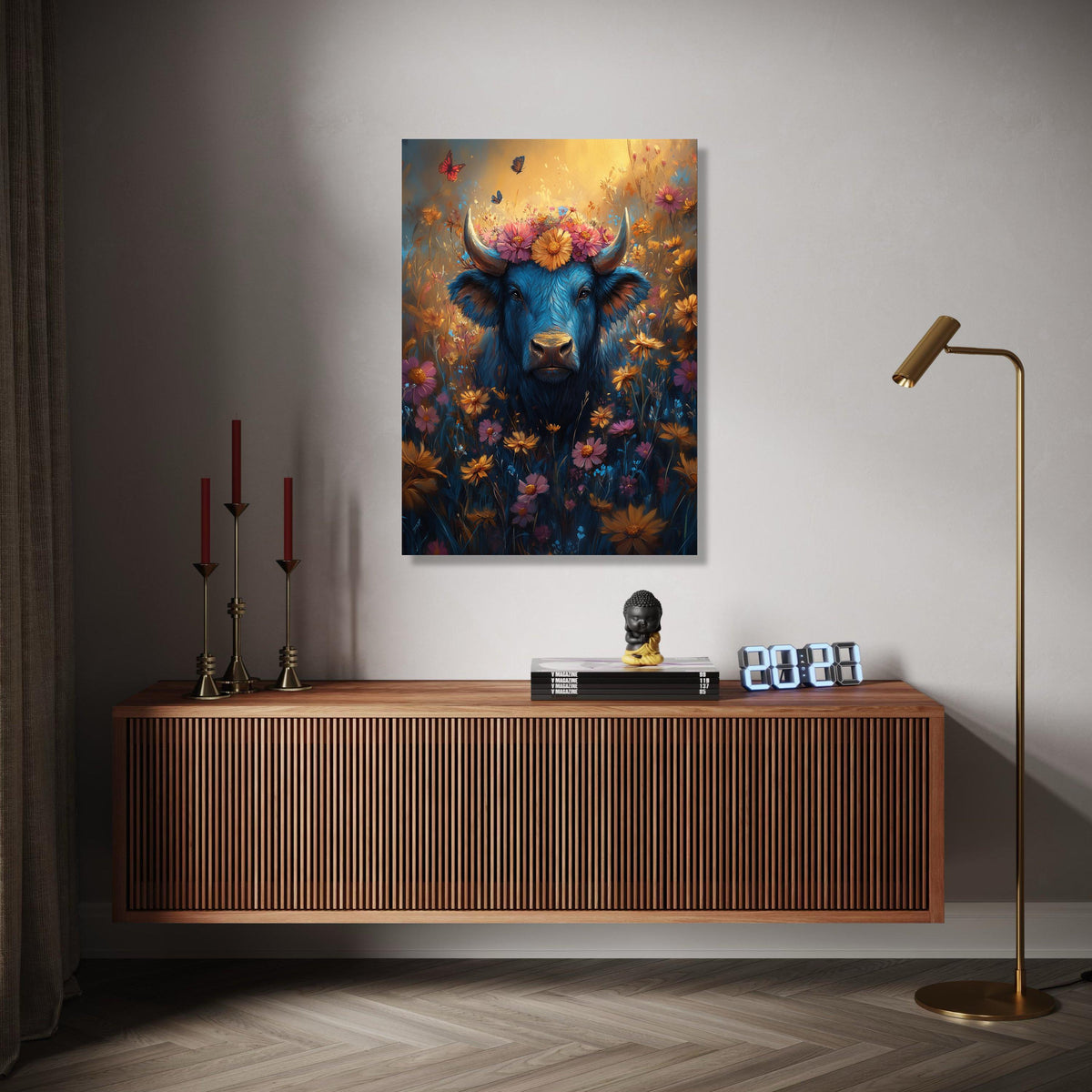 Blue Buffalo with Floral Crown Canvas, Vibrant Wildflower Meadow Wall Art, Butterflies and Nature Canvas, Gift Art, Home Decor, Print