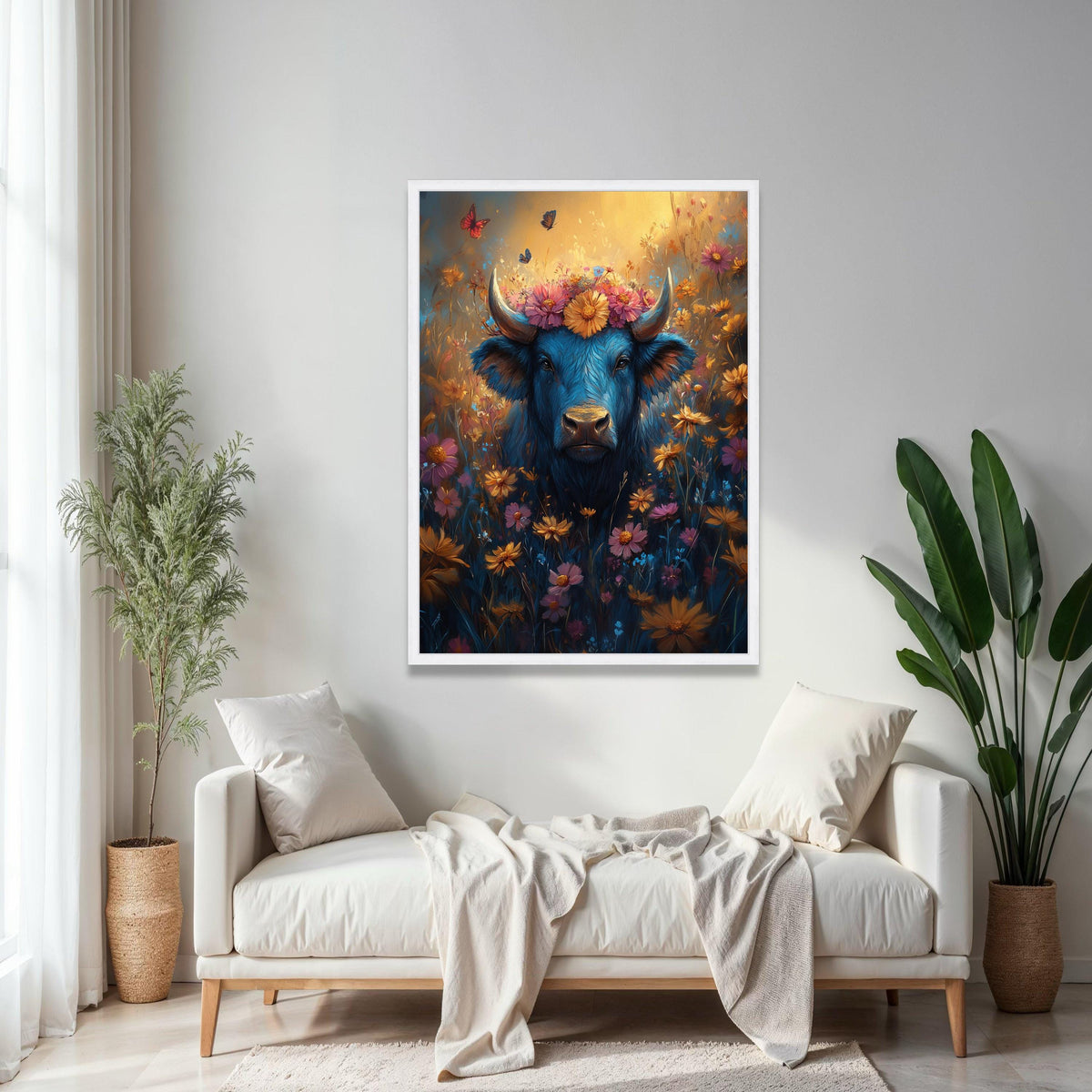 Blue Buffalo with Floral Crown Canvas, Vibrant Wildflower Meadow Wall Art, Butterflies and Nature Canvas, Gift Art, Home Decor, Print