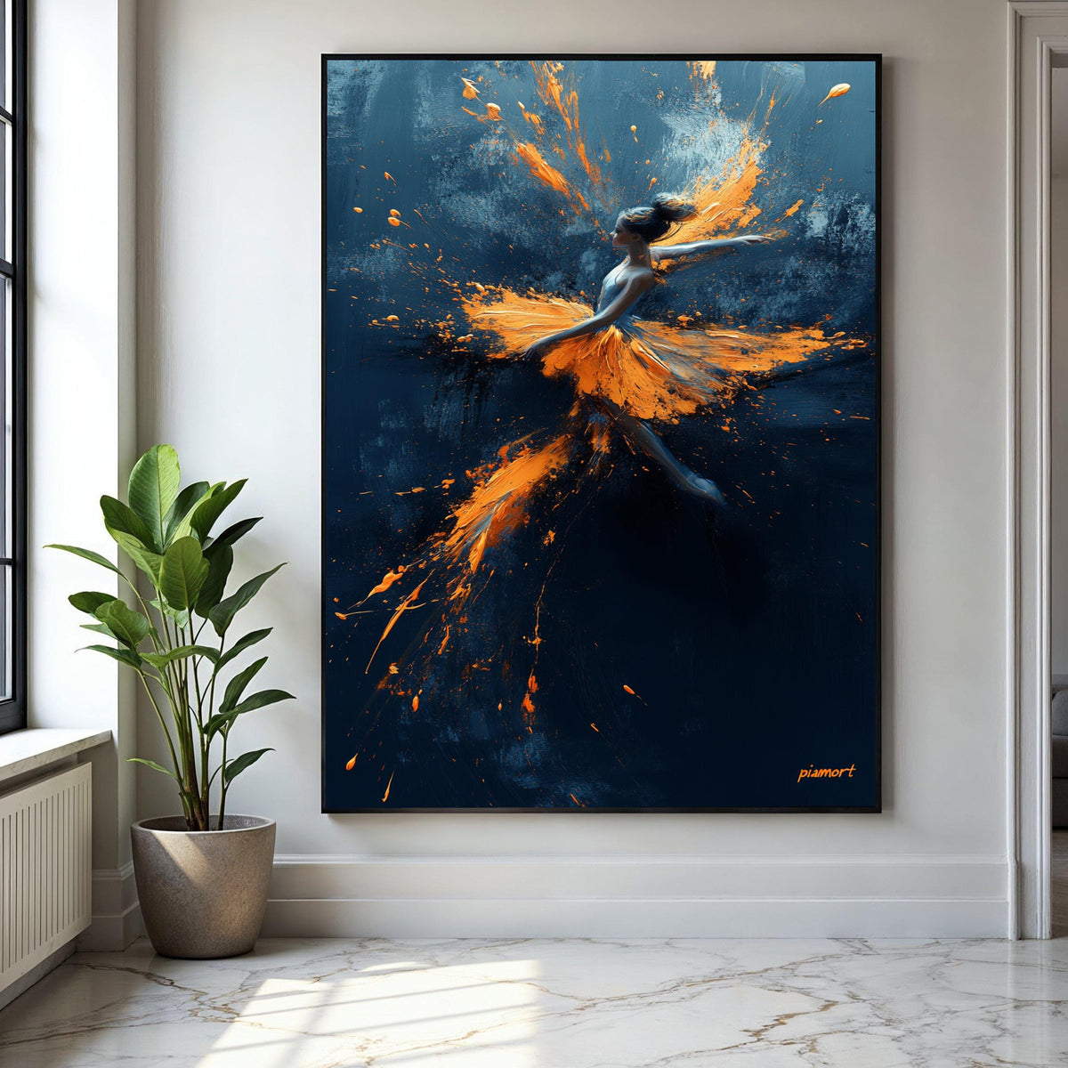 Dynamic Ballerina Dance Canvas, Abstract Ballet Art, Orange Splash Painting, Modern Wall Art, Contemporary Home Gift Art, Home Decor, Print