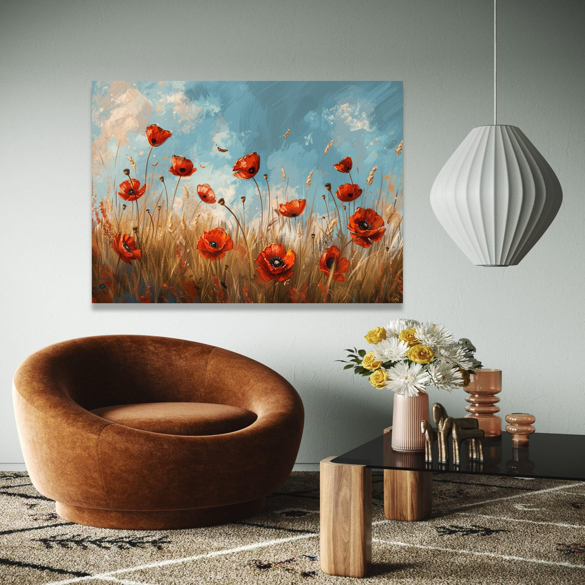 Vibrant Red Poppy Field Canvas, Floral Wall Art, Nature Landscape Painting, Blue Sky Meadow Canvas, Home Decor Gift Art, Home Decor, Print
