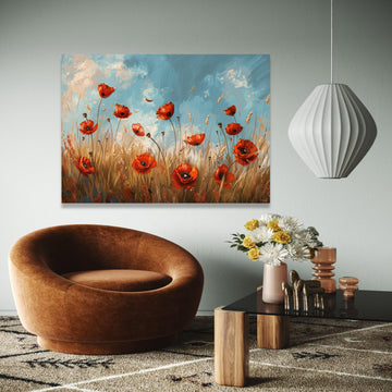 Vibrant Red Poppy Field Canvas, Floral Wall Art, Nature Landscape Painting, Blue Sky Meadow Canvas, Home Decor Gift Art, Home Decor, Print